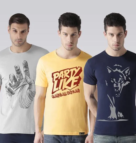 Young Trendz Mens Combo Hand Steel Grey Color Partyb Yellow Color and Wolf Navy Color Half Sleeve Printed T-Shirts