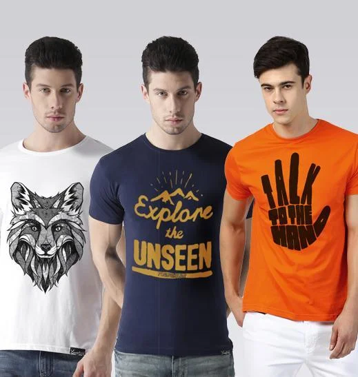 Young Trendz Mens Combo Line White Color Explore Navy Color and Talk Orange Color Half Sleeve Printed T-Shirts