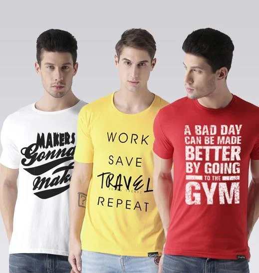 Young Trendz Mens Combo Maker White Color Travel Yellow Color and Gym Red Color Half Sleeve Printed T-Shirts