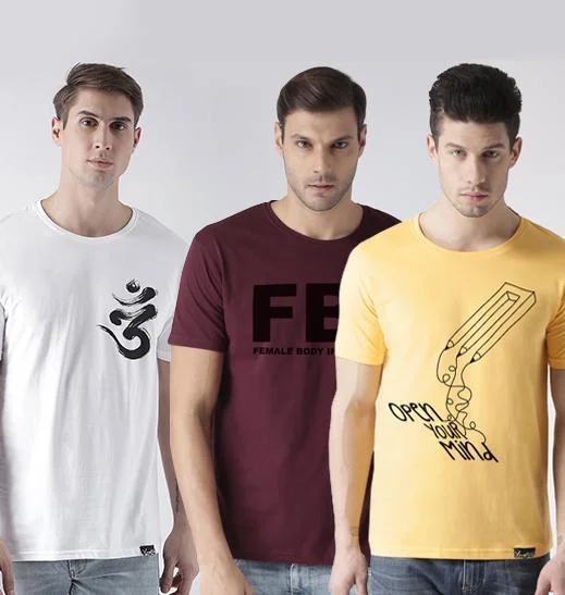 Young Trendz Mens Combo Ommtri White Color Fbi Maroon Color and Open Yellow Color Half Sleeve Printed T-Shirts