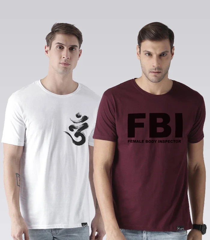 Young Trendz Mens Combo Ommtrisul White Color and Fbi Maroon Color Half Sleeve Printed T-Shirts