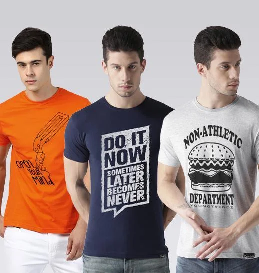 Young Trendz Mens Combo Open Orange Color Doit Navy Color and Burg Grey Color Half Sleeve Printed T-Shirts