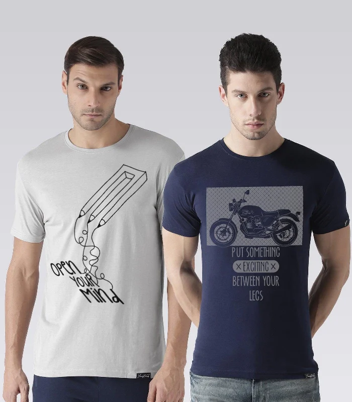 Young Trendz Mens Combo Openmind Steel Grey Color and Bikelegs Navy Color Half Sleeve Printed T-Shirts