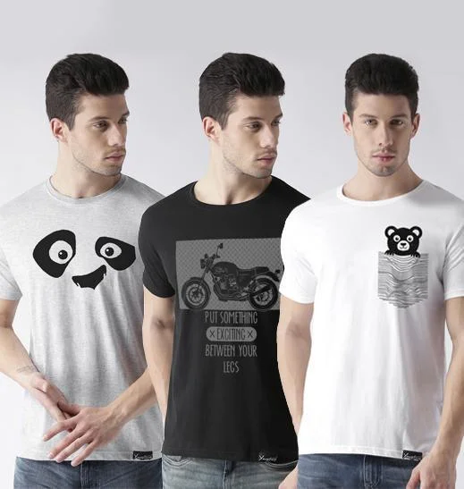 Young Trendz Mens Combo Pandaeyes Grey Color Bike Black Color and Teddy White Color Half Sleeve Printed T-Shirts