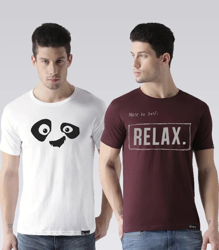 Young Trendz Mens Combo Pandaeyes White Color and Noterelax Maroon Color Half Sleeve Printed T-Shirts