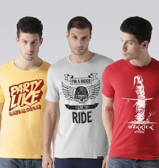 Young Trendz Mens Combo Partyb Yellow Color Rider Steel Grey Color and Warrior Red Color Half Sleeve Printed T-Shirts