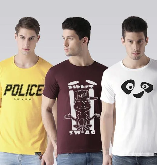 Young Trendz Mens Combo Police Yellow Color T20swag Maroon Color and Pandaeyes White Color Half Sleeve Printed T-Shirts