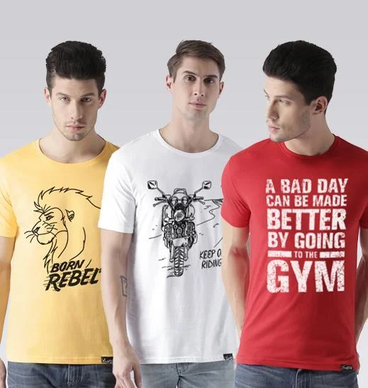 Young Trendz Mens Combo Rebel Yellow Color Keepon White Color and Gym Red Color Half Sleeve Printed T-Shirts