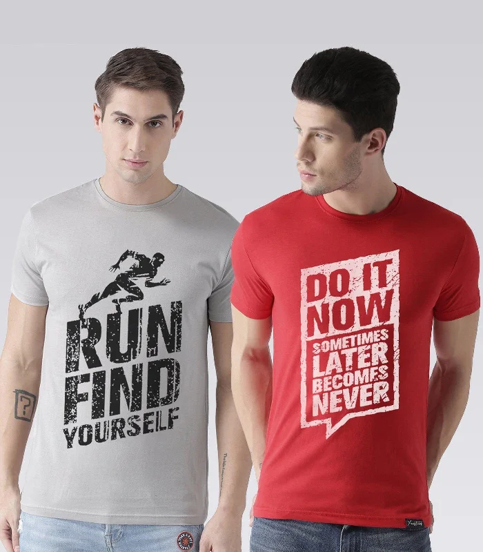 Young Trendz Mens Combo Runfind Steel Grey Color and Doit Red Color Half Sleeve Printed T-Shirts