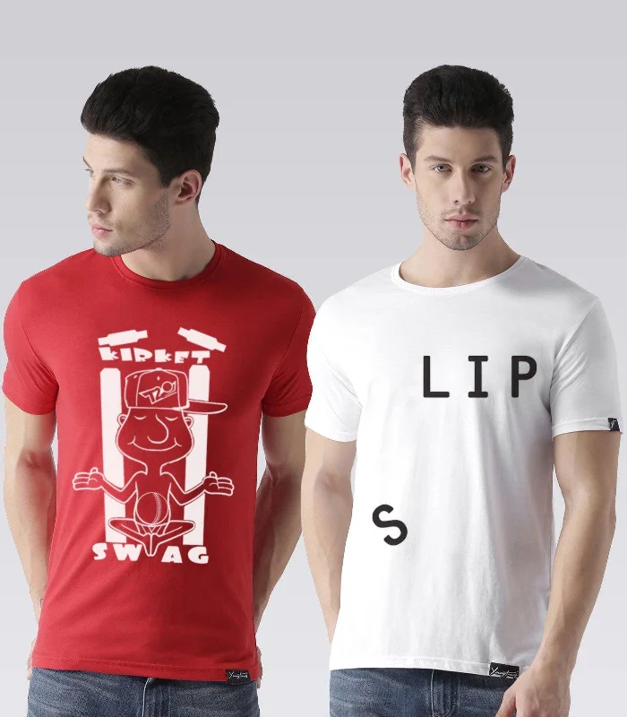 Young Trendz Mens Combo T20swag Red Color and Slip White Color Half Sleeve Printed T-Shirts