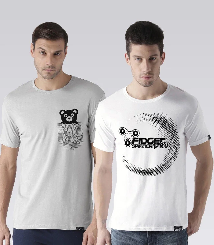 Young Trendz Mens Combo Teddy Steel Grey Color and Prospin White Color Half Sleeve Printed T-Shirts