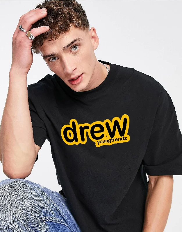 Overzided Drew Typography Men Round Neck Black T-Shirt