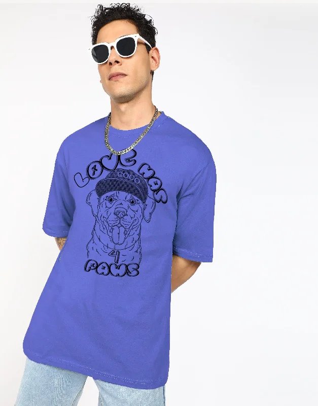 Oversized Typography Men Round Neck Blue T-Shirt