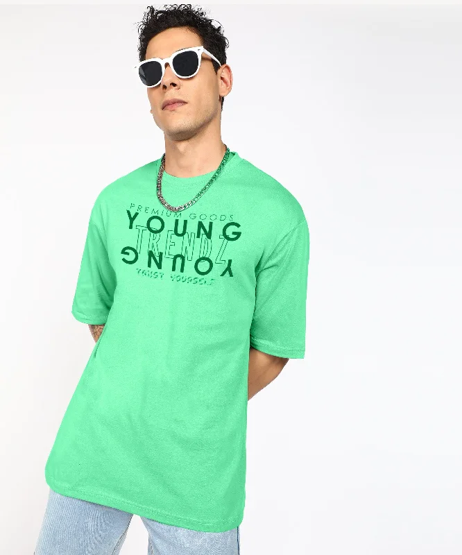 Oversized Typography Men Round Neck Light Green T-Shirt